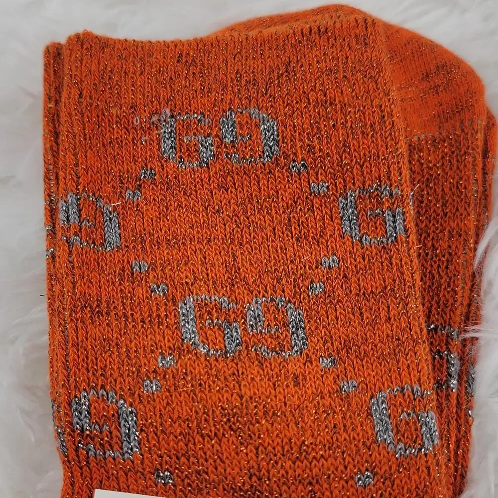 Gucci Crew Socks Unisex GG Logo Metallic 100% Authentic Orange Gray Luxury New